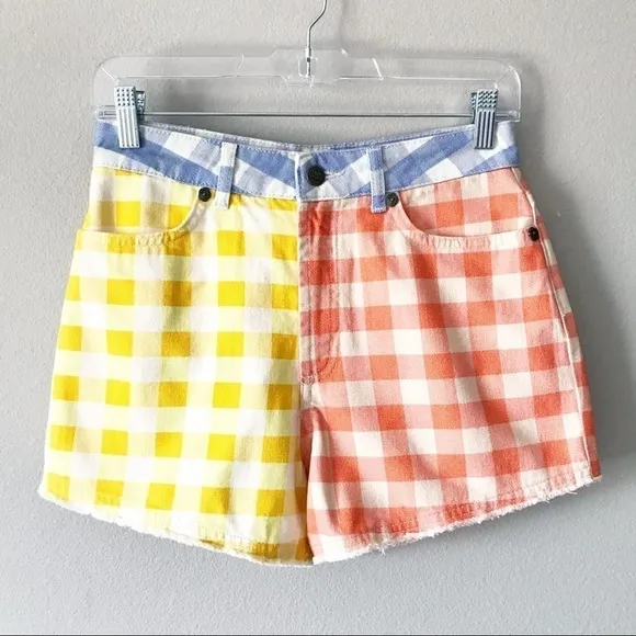 Farm Rio for Anthropologie Gingham Denim Jean Shorts Size XS Raw Hem NEW