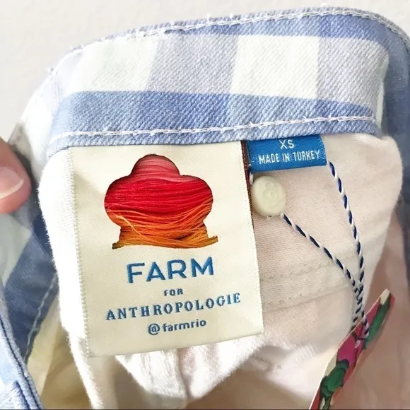 Farm Rio for Anthropologie Gingham Denim Jean Shorts Size XS Raw Hem NEW