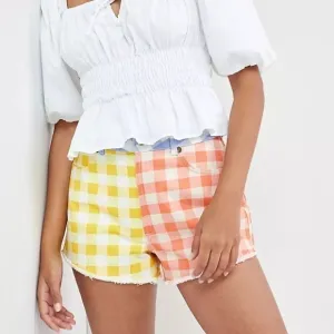 Farm Rio for Anthropologie Gingham Denim Jean Shorts Size XS Raw Hem NEW