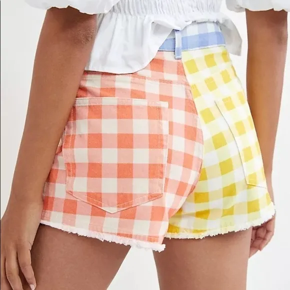 Farm Rio for Anthropologie Gingham Denim Jean Shorts Size XS Raw Hem NEW