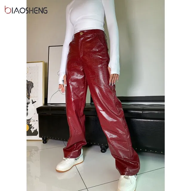 Faux Leather Pants Women's Pants High Waist Lady