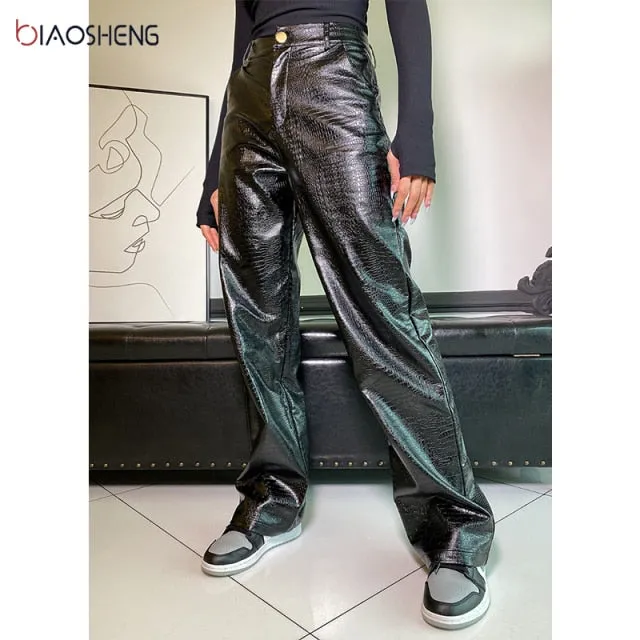 Faux Leather Pants Women's Pants High Waist Lady