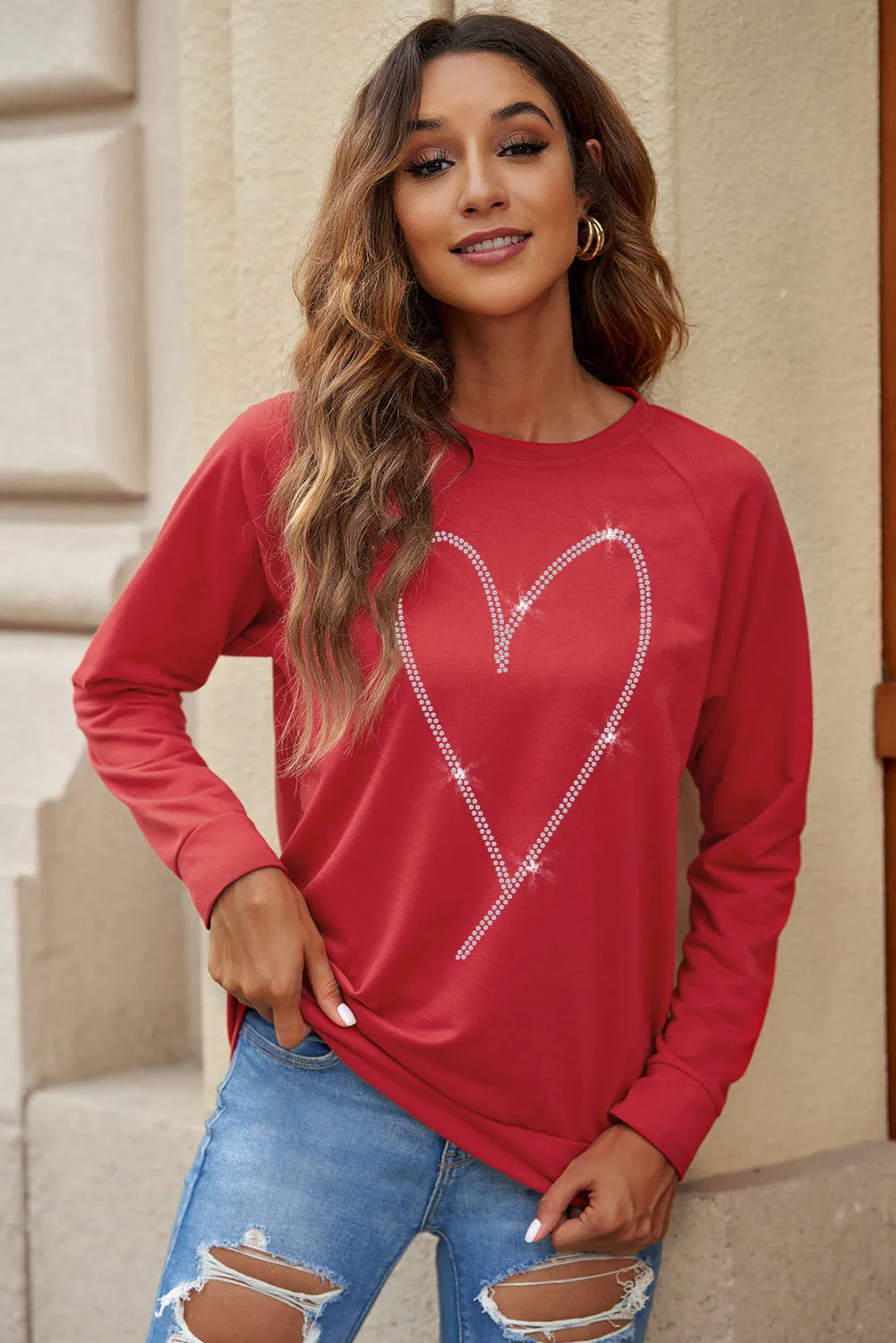 Fiery Red Rhinestone Heart Shaped Long Sleeve Sweatshirt