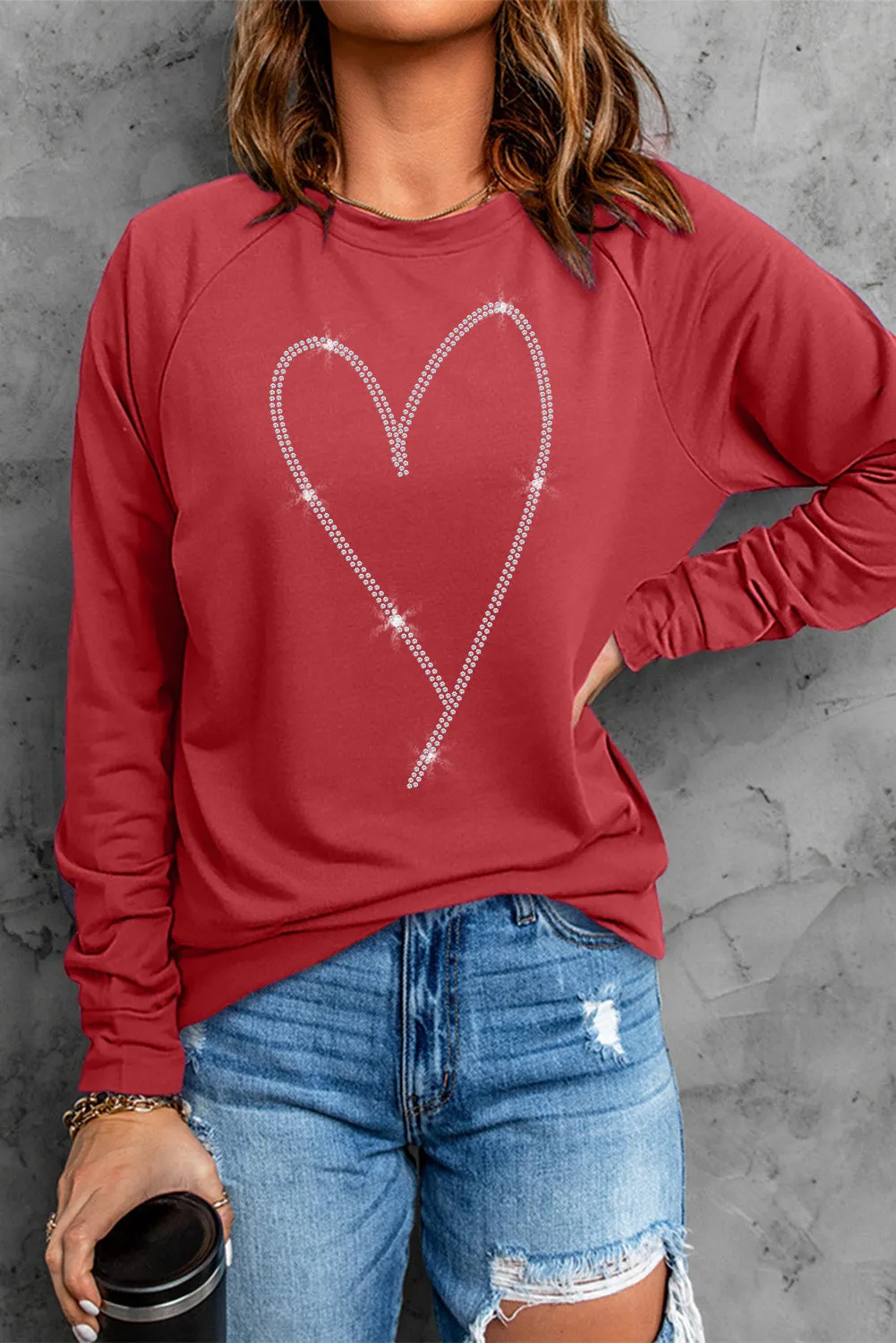 Fiery Red Rhinestone Heart Shaped Long Sleeve Sweatshirt
