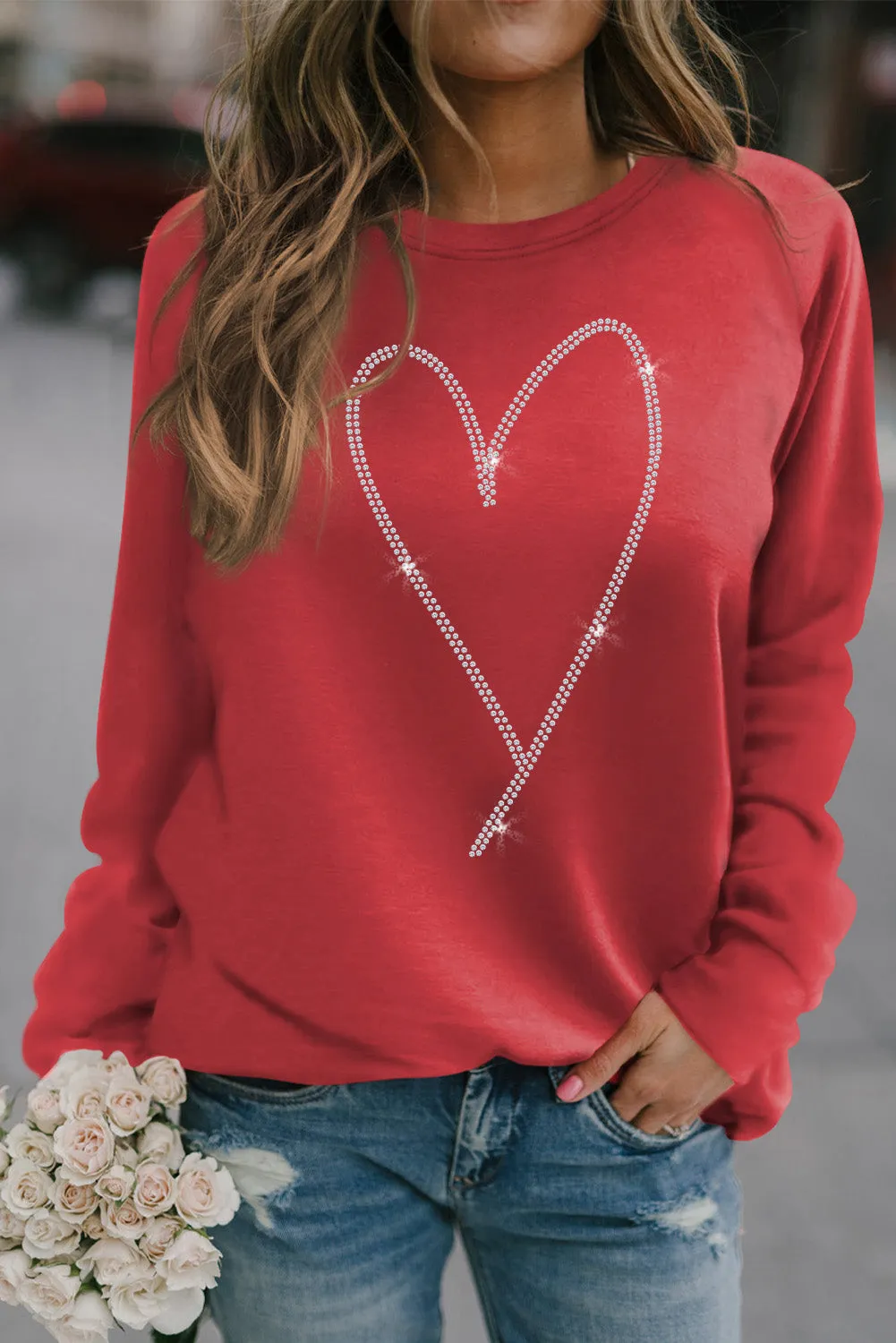 Fiery Red Rhinestone Heart Shaped Long Sleeve Sweatshirt