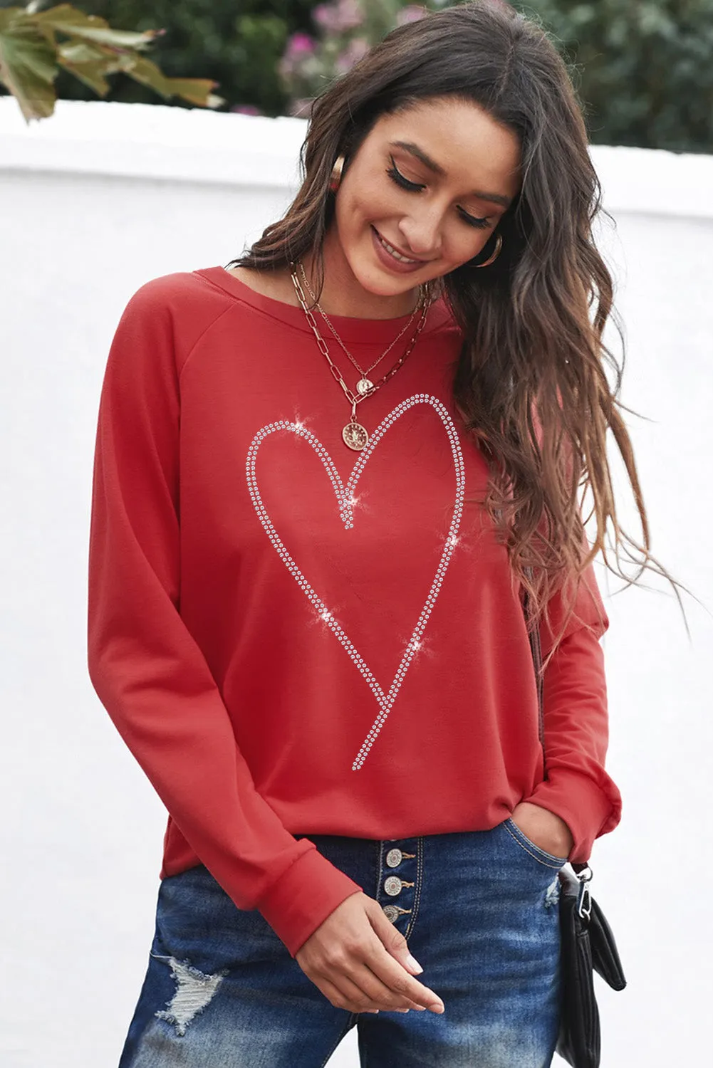 Fiery Red Rhinestone Heart Shaped Long Sleeve Sweatshirt