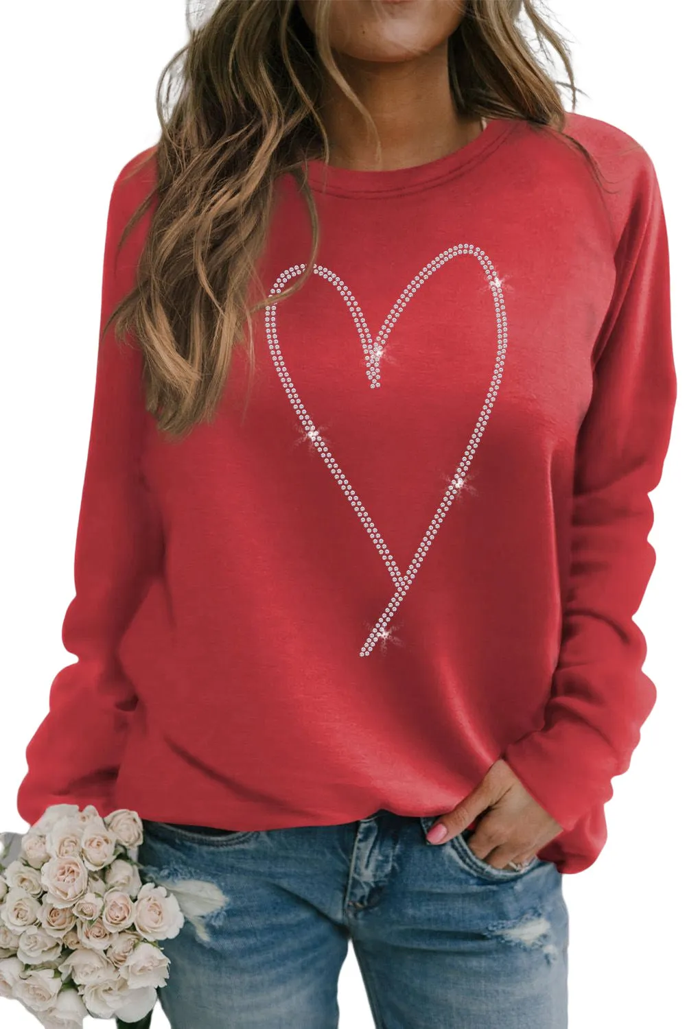 Fiery Red Rhinestone Heart Shaped Long Sleeve Sweatshirt