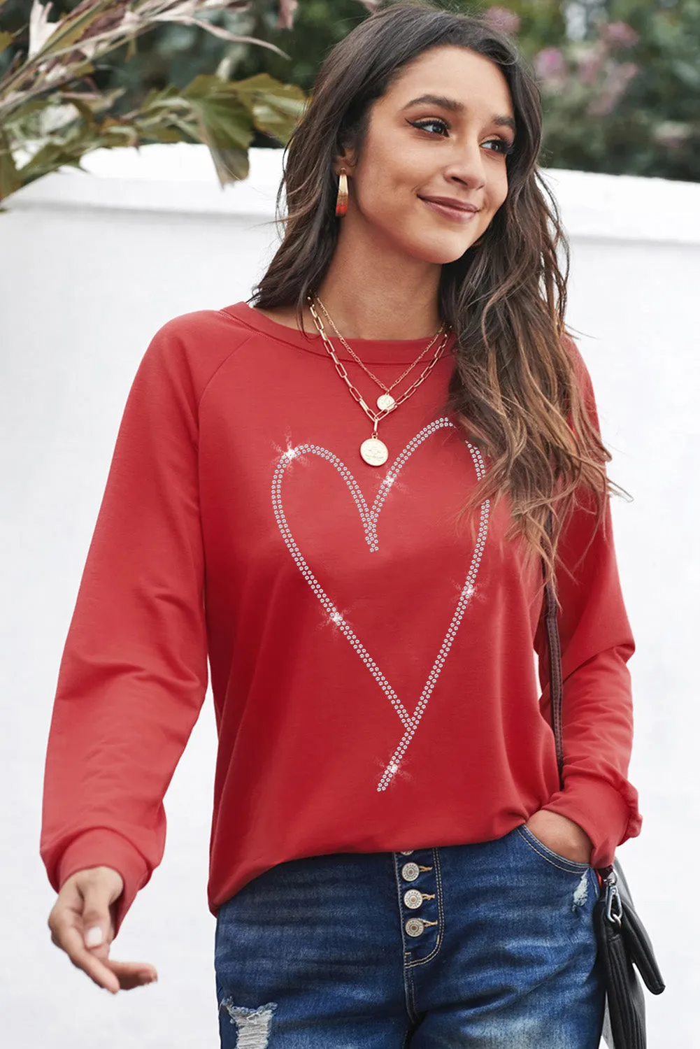 Fiery Red Rhinestone Heart Shaped Long Sleeve Sweatshirt