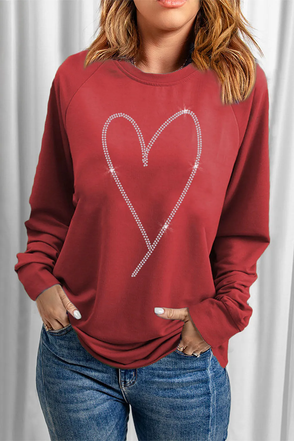 Fiery Red Rhinestone Heart Shaped Long Sleeve Sweatshirt