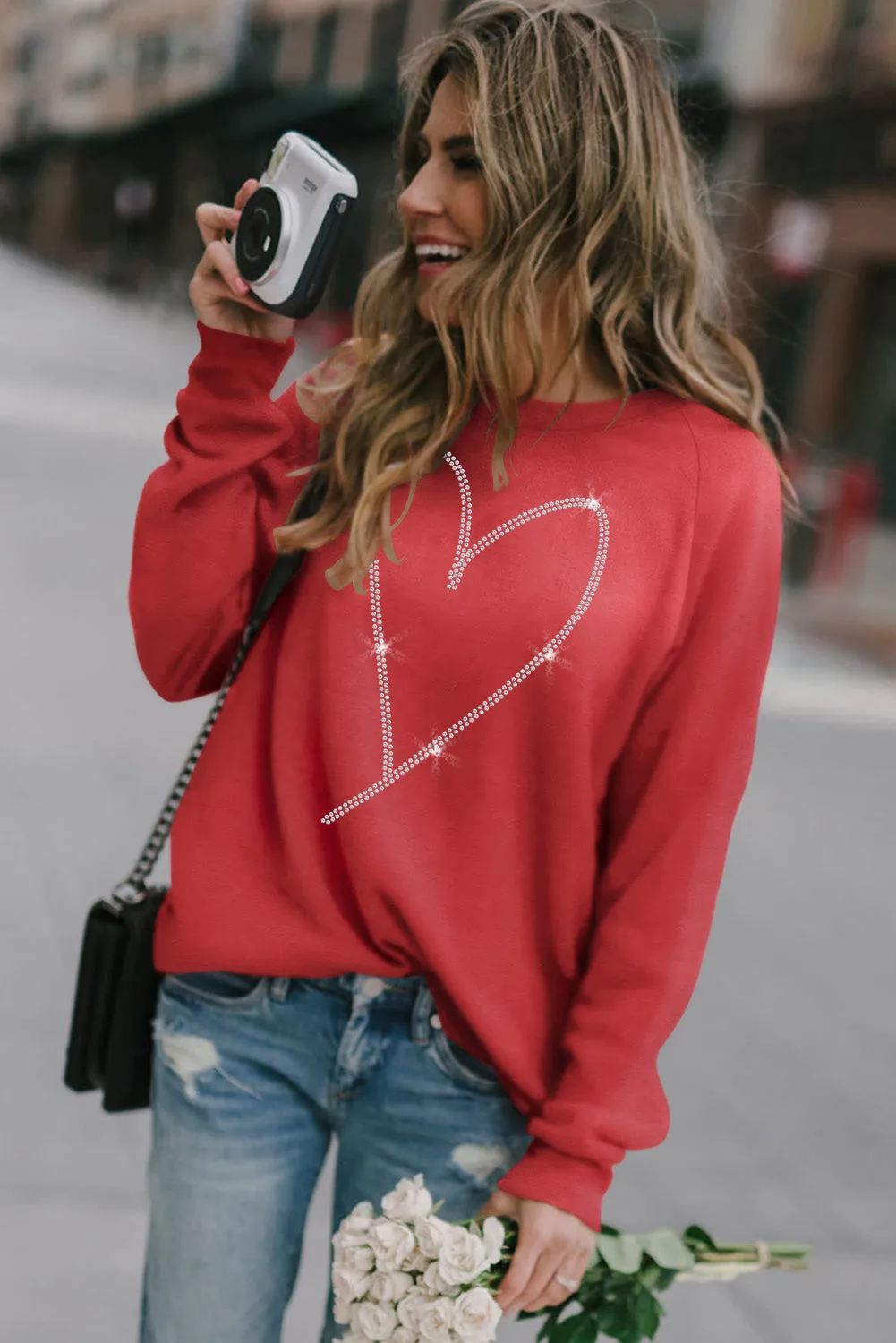 Fiery Red Rhinestone Heart Shaped Long Sleeve Sweatshirt