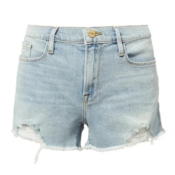 FRAME Le Cutoff Mid Rise Jean Distressed Denim Shorts Blue 25