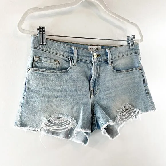FRAME Le Cutoff Mid Rise Jean Distressed Denim Shorts Blue 25
