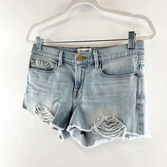 FRAME Le Cutoff Mid Rise Jean Distressed Denim Shorts Blue 25