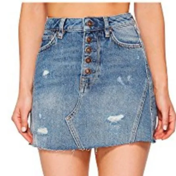 FREE PEOPLE Distressed Raw Hem Denim A-Line Skirt NWOT sz 6
