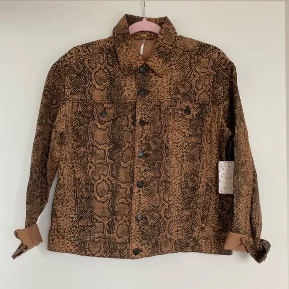 Free People Jacket Snake Print Trucker Denim Jean Jacket