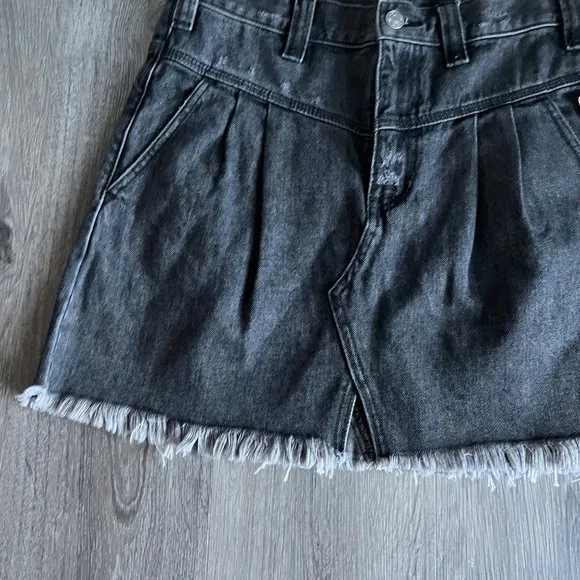 Free People Side Car Sanded Black Denim Raw Hem Mini Skirt 27 Women's New Fringe