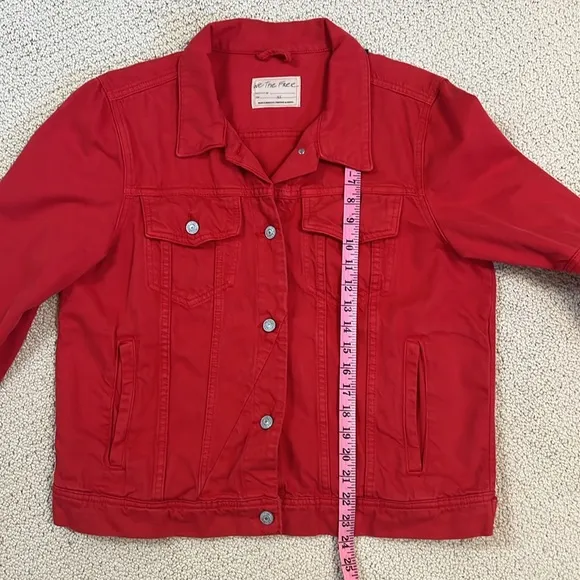 Free People We The Free Rumors Denim Trucker Jacket Strawberry Spritz Red XL