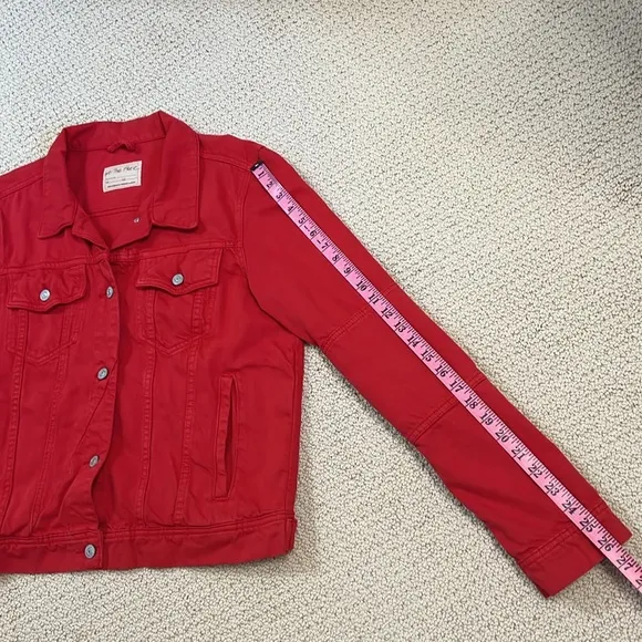Free People We The Free Rumors Denim Trucker Jacket Strawberry Spritz Red XL