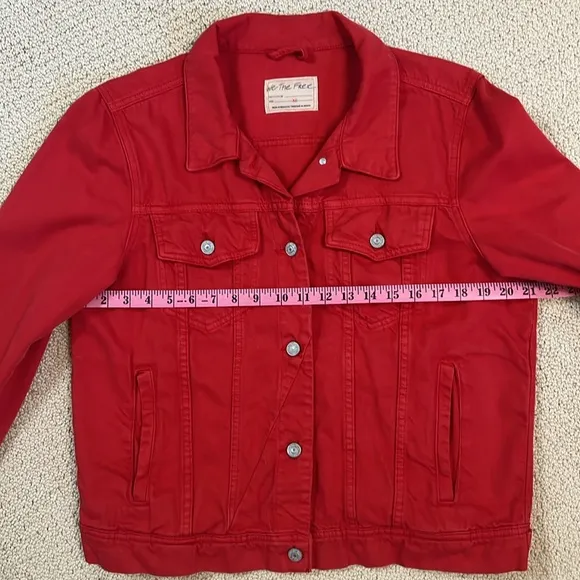 Free People We The Free Rumors Denim Trucker Jacket Strawberry Spritz Red XL