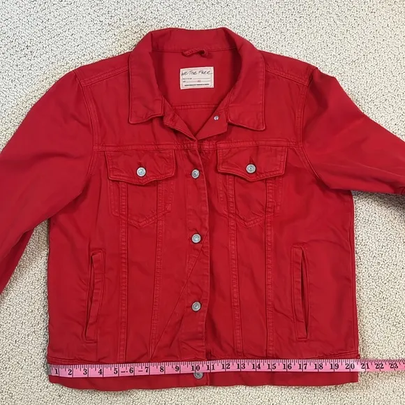 Free People We The Free Rumors Denim Trucker Jacket Strawberry Spritz Red XL
