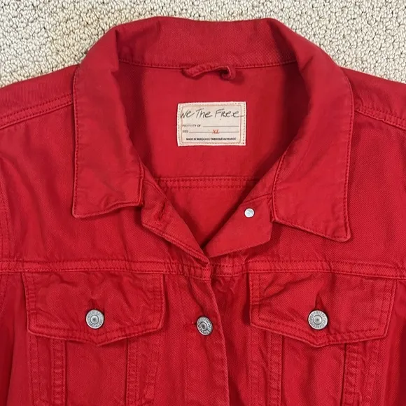 Free People We The Free Rumors Denim Trucker Jacket Strawberry Spritz Red XL