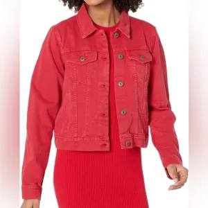 Free People We The Free Rumors Denim Trucker Jacket Strawberry Spritz Red XL