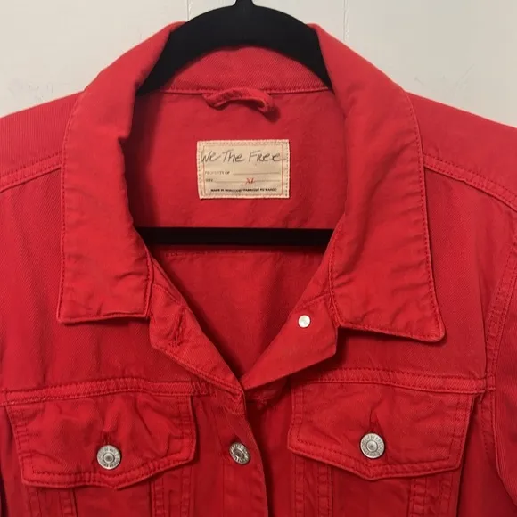Free People We The Free Rumors Denim Trucker Jacket Strawberry Spritz Red XL