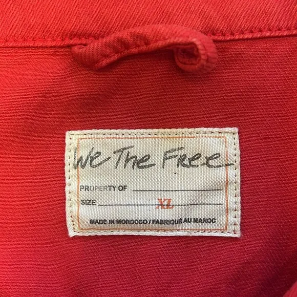 Free People We The Free Rumors Denim Trucker Jacket Strawberry Spritz Red XL