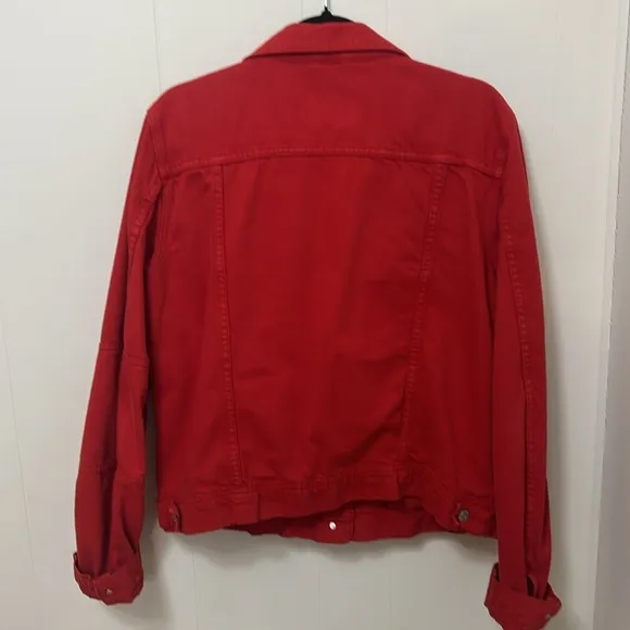 Free People We The Free Rumors Denim Trucker Jacket Strawberry Spritz Red XL