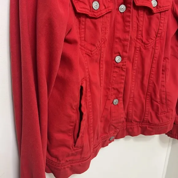 Free People We The Free Rumors Denim Trucker Jacket Strawberry Spritz Red XL