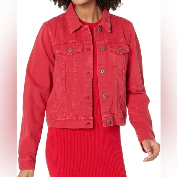 Free People We The Free Rumors Denim Trucker Jacket Strawberry Spritz Red XL