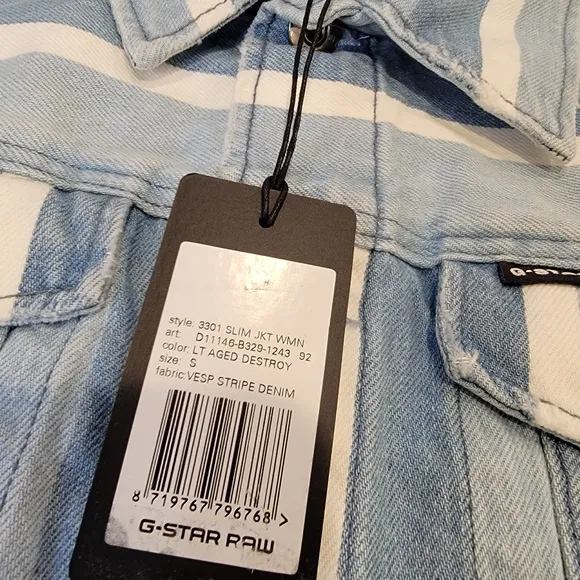G-Star Raw 3301 Vesp Blue Striped Denim Trucker Jacket Size Small NWT!