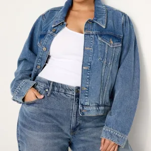 Good American shrunken trucker denim jean jacket semi distressed NWOT 2X women
