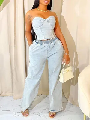 Gorgeousladie Denim Tube Top & Pants Set