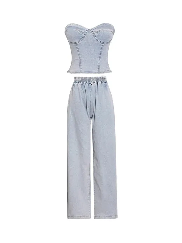 Gorgeousladie Denim Tube Top & Pants Set