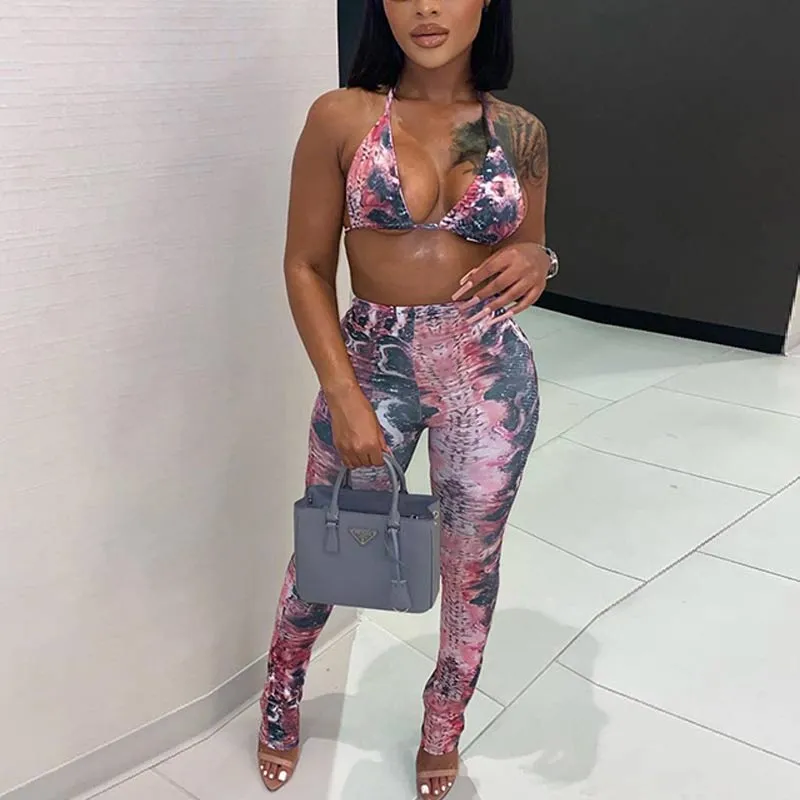 Gradient Color Deep V-neck Top & Pants Set