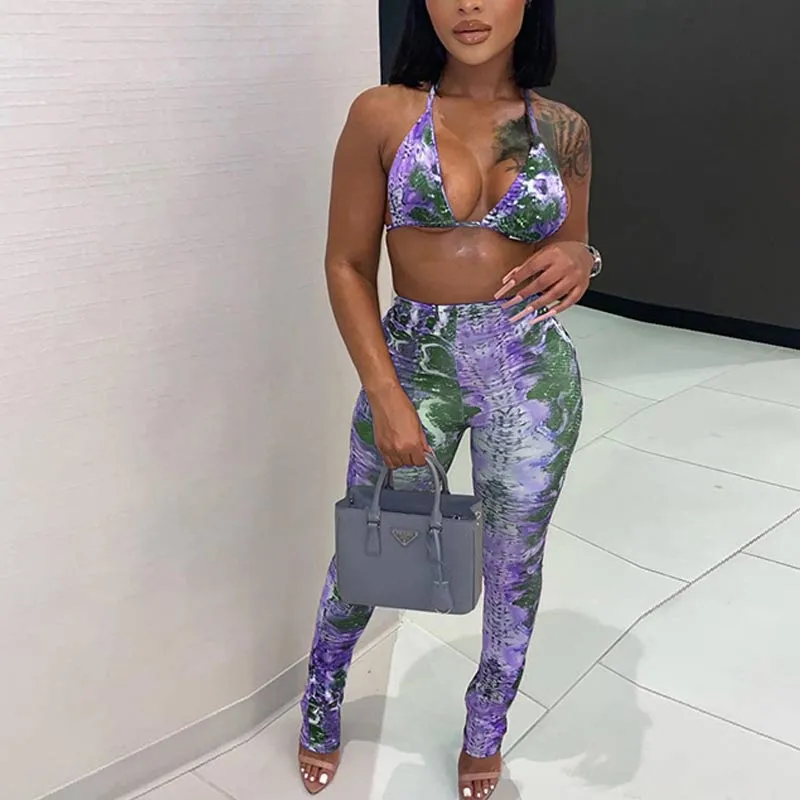 Gradient Color Deep V-neck Top & Pants Set