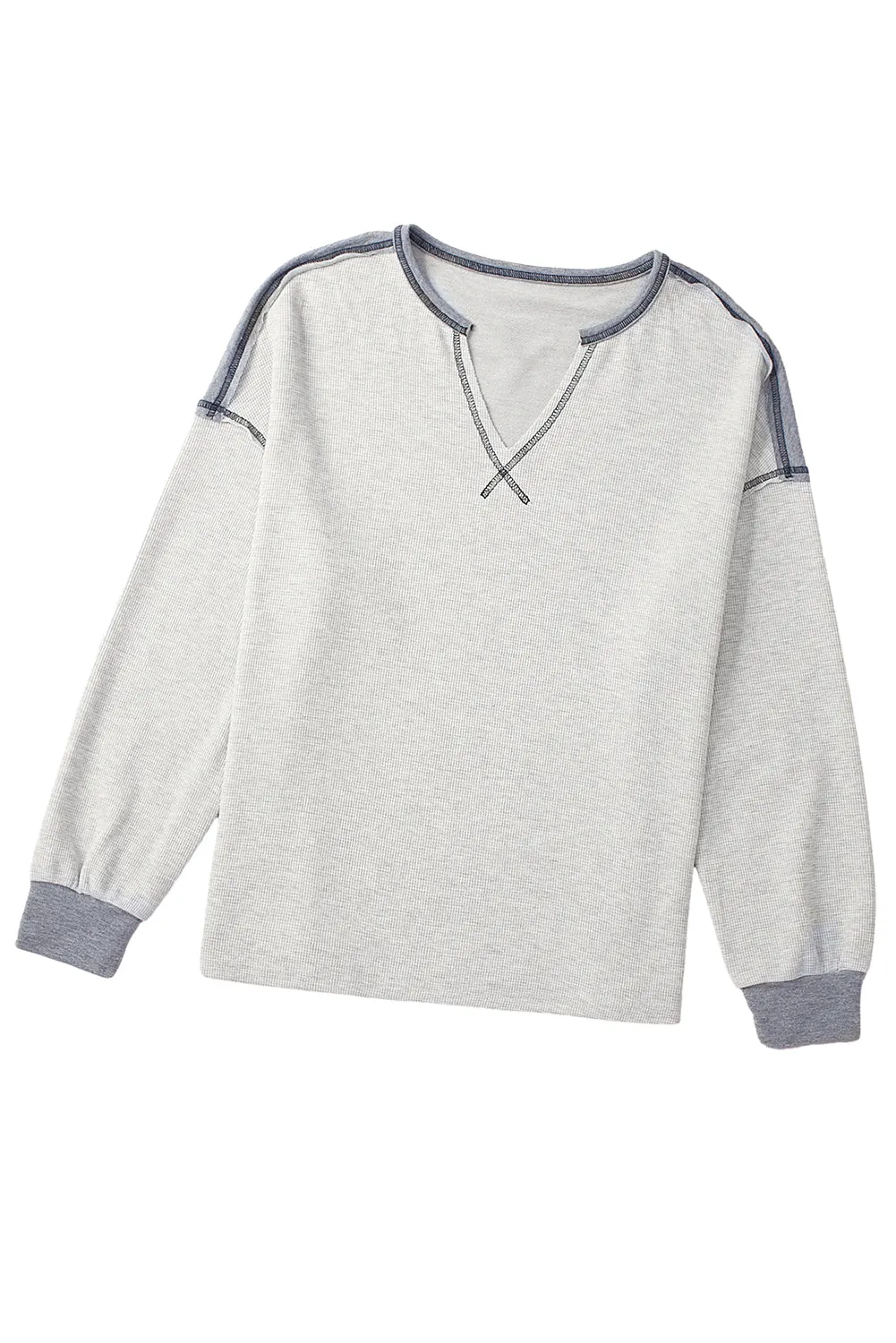Gray Exposed Seam Ribbed Patchwork V Neck Sweatshirt