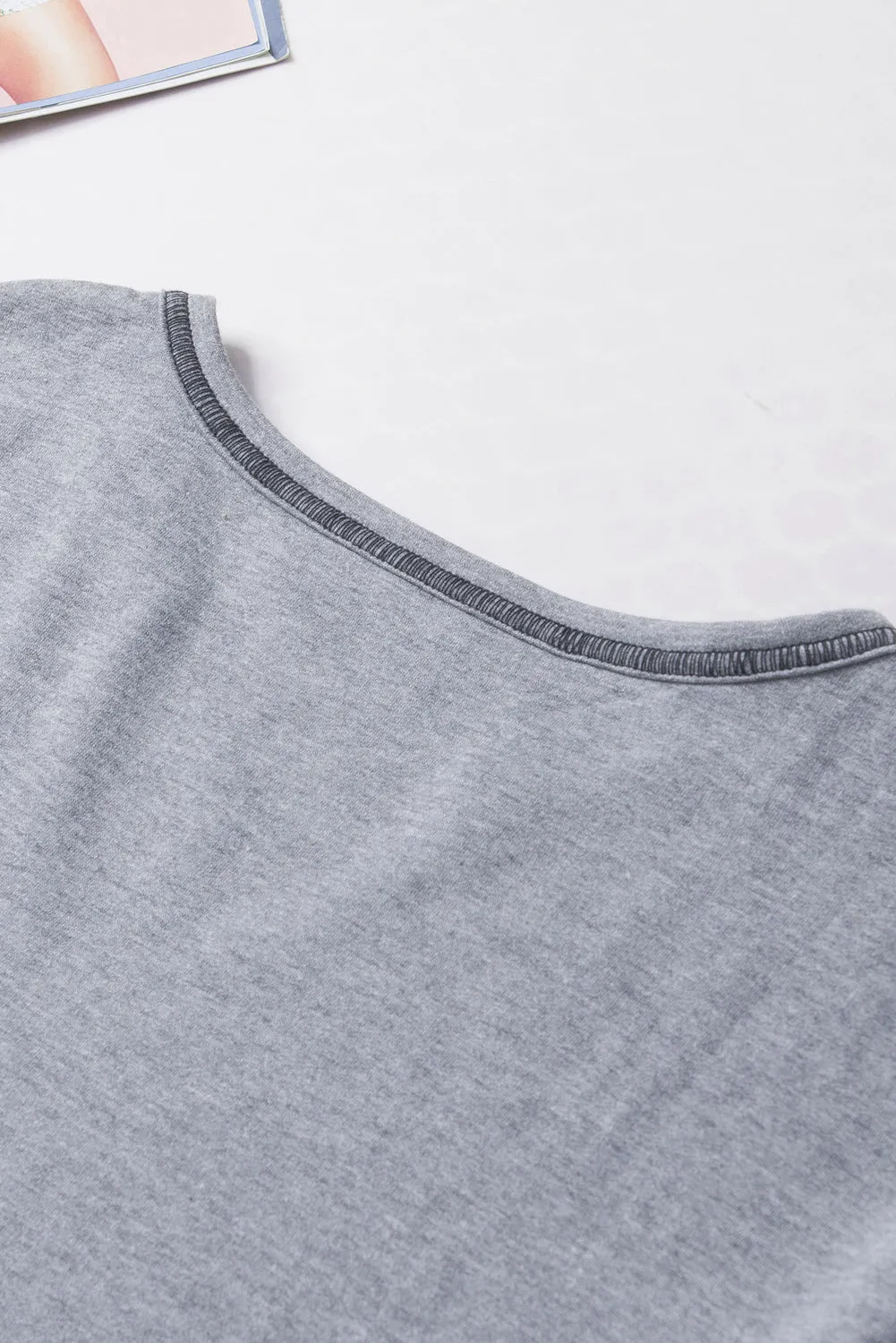 Gray Exposed Seam Ribbed Patchwork V Neck Sweatshirt