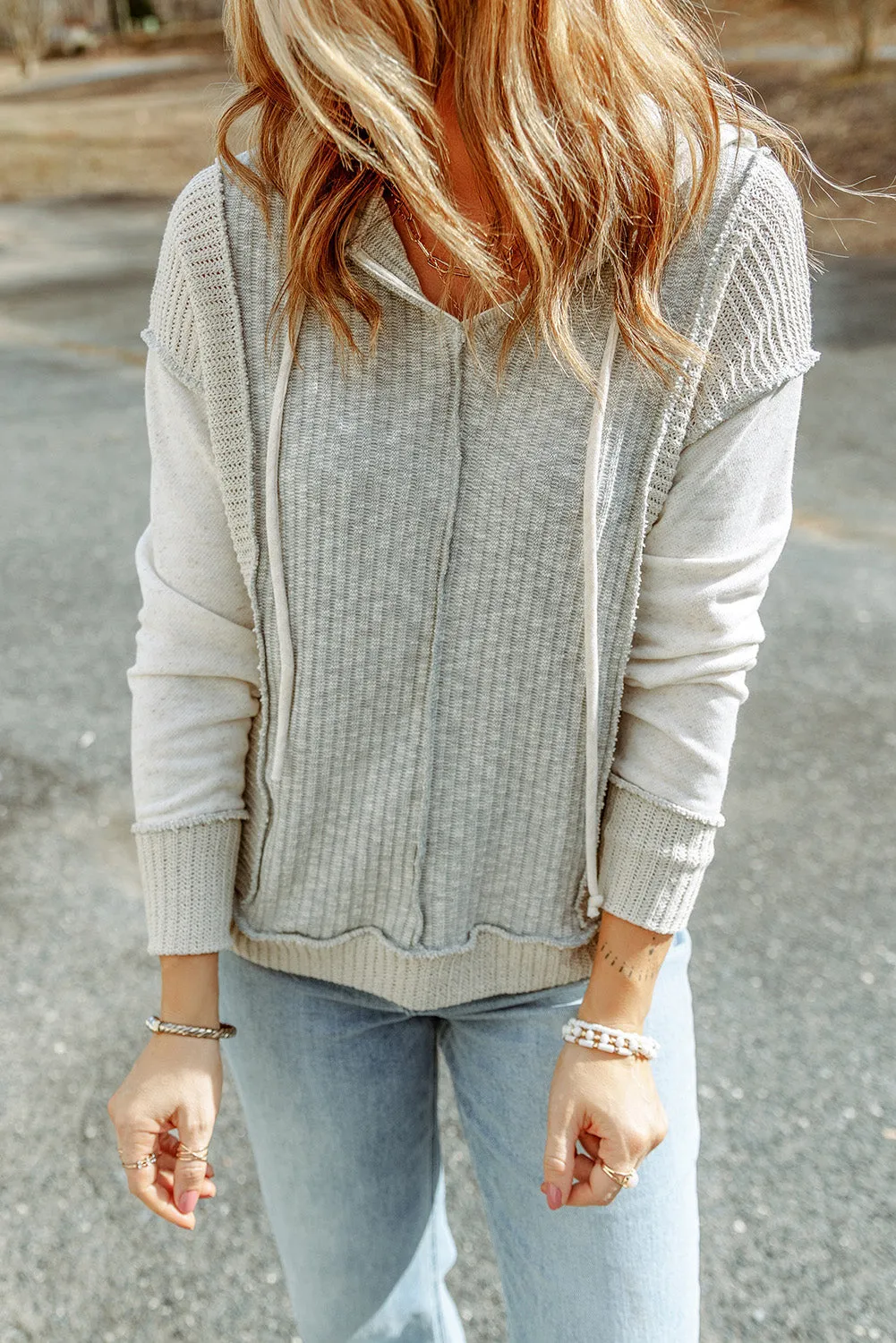 Gray Long Sleeve Textured Knit Patchwork Hoodie
