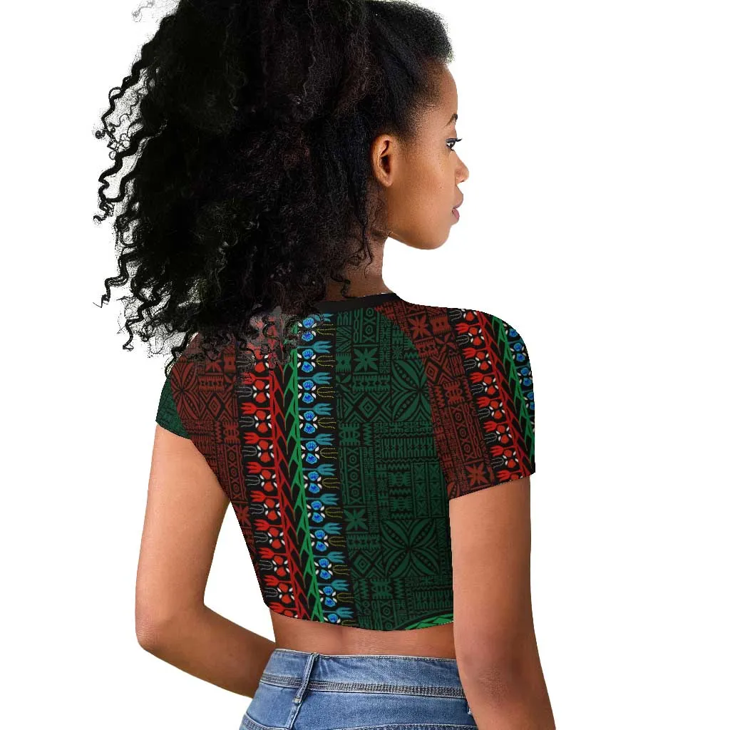 Green-red Dashiki and Tapa Pattern Raglan Cropped T shirt Africa-Polynesia Together Culture LT9