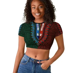 Green-red Dashiki and Tapa Pattern Raglan Cropped T shirt Africa-Polynesia Together Culture LT9