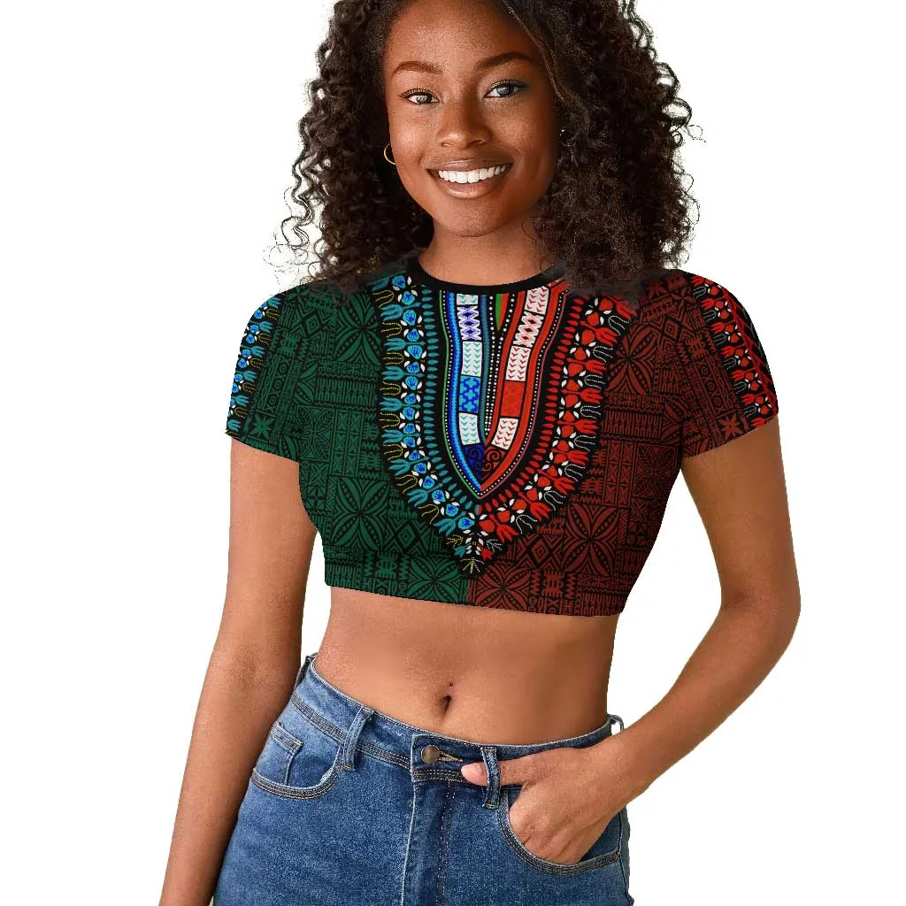 Green-red Dashiki and Tapa Pattern Raglan Cropped T shirt Africa-Polynesia Together Culture LT9