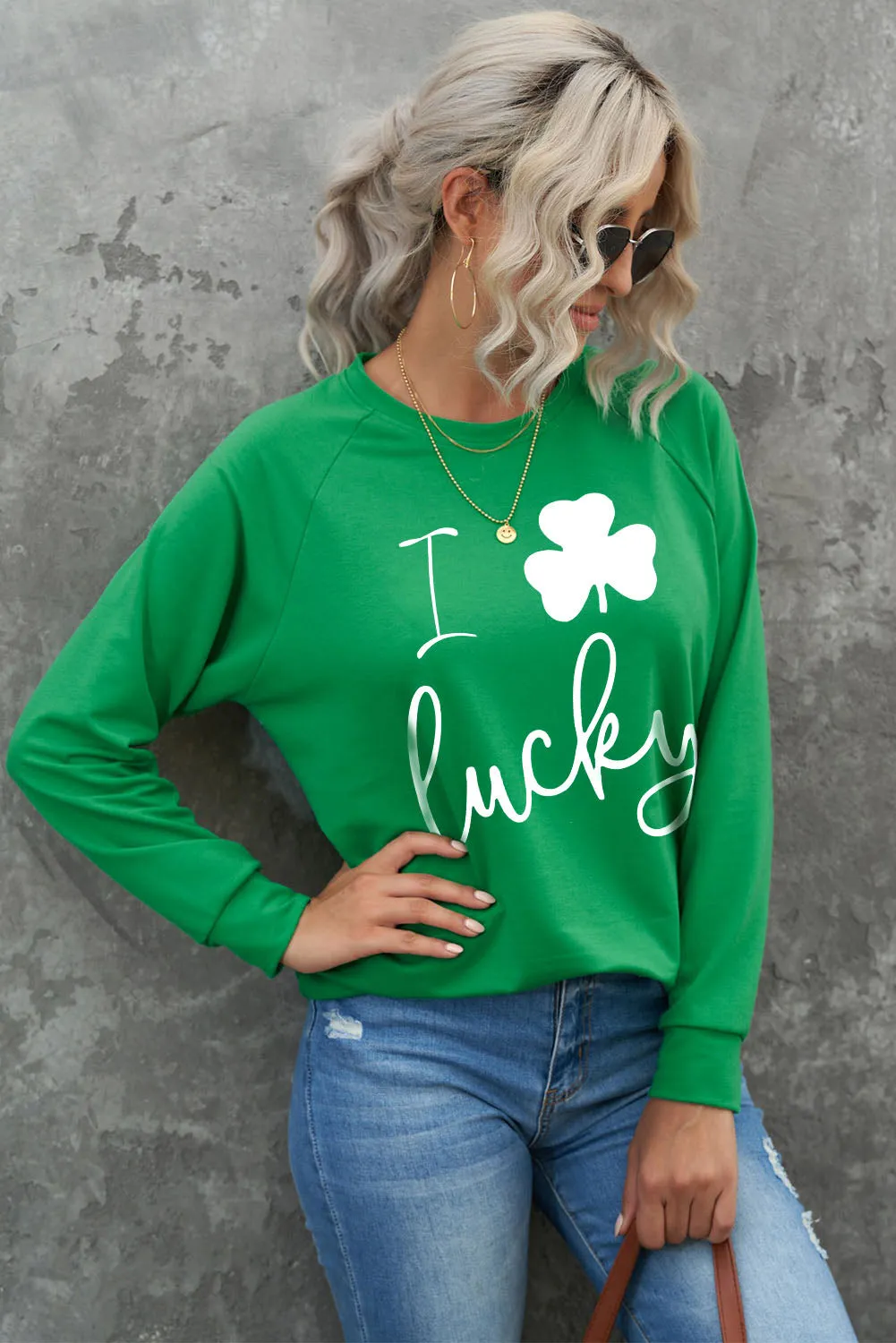 Green St Patrick Luck Clover Graphic Print Sweatshirt