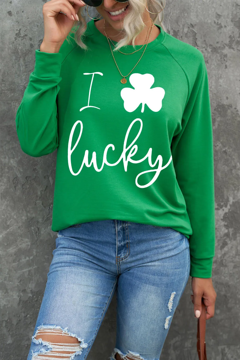 Green St Patrick Luck Clover Graphic Print Sweatshirt