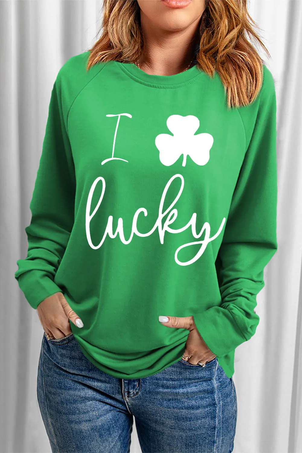 Green St Patrick Luck Clover Graphic Print Sweatshirt