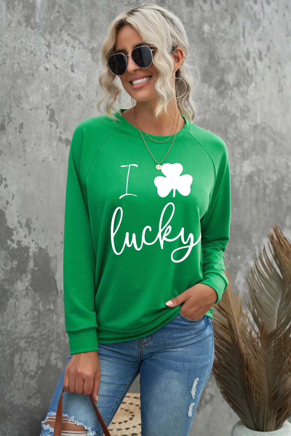 Green St Patrick Luck Clover Graphic Print Sweatshirt
