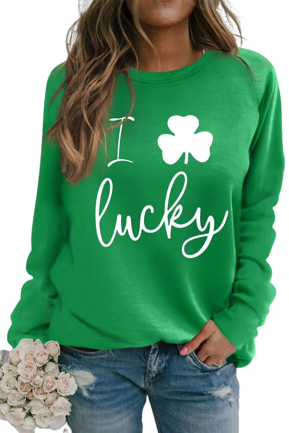 Green St Patrick Luck Clover Graphic Print Sweatshirt