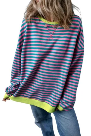 Green Stripe Oversized Contrast Trim Pullover Sweatshirt