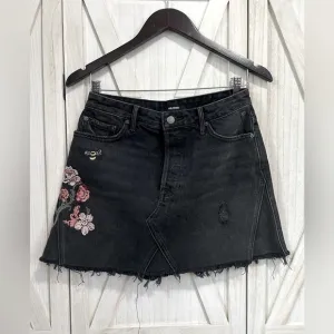 GRLFRND Denim  Eva Mini Skirt Floral Embroidered Raw Hem